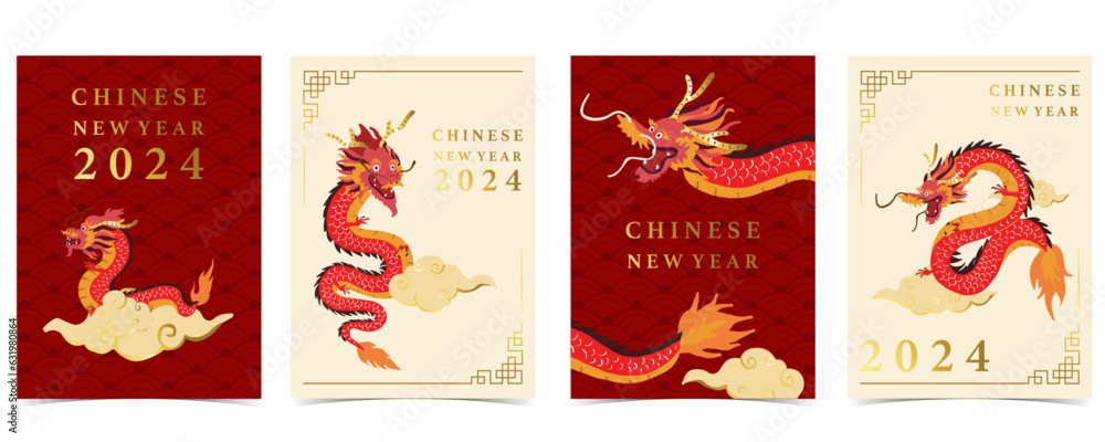 Gold red Chinese New Year card with dragon,cloud.Editable vector illustration for website, invitatio