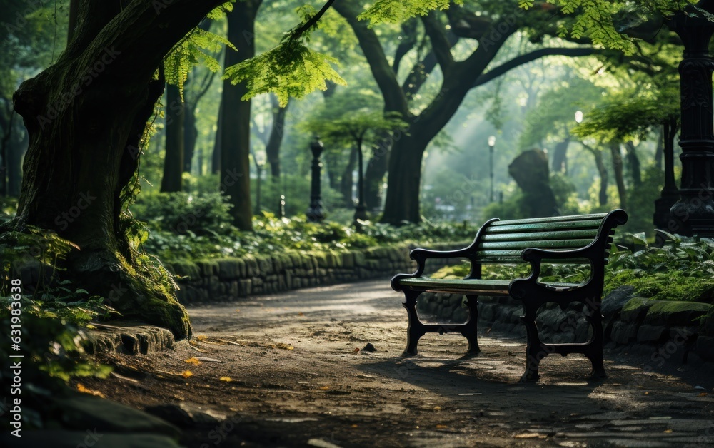 A serene green city park scene, devoid of people