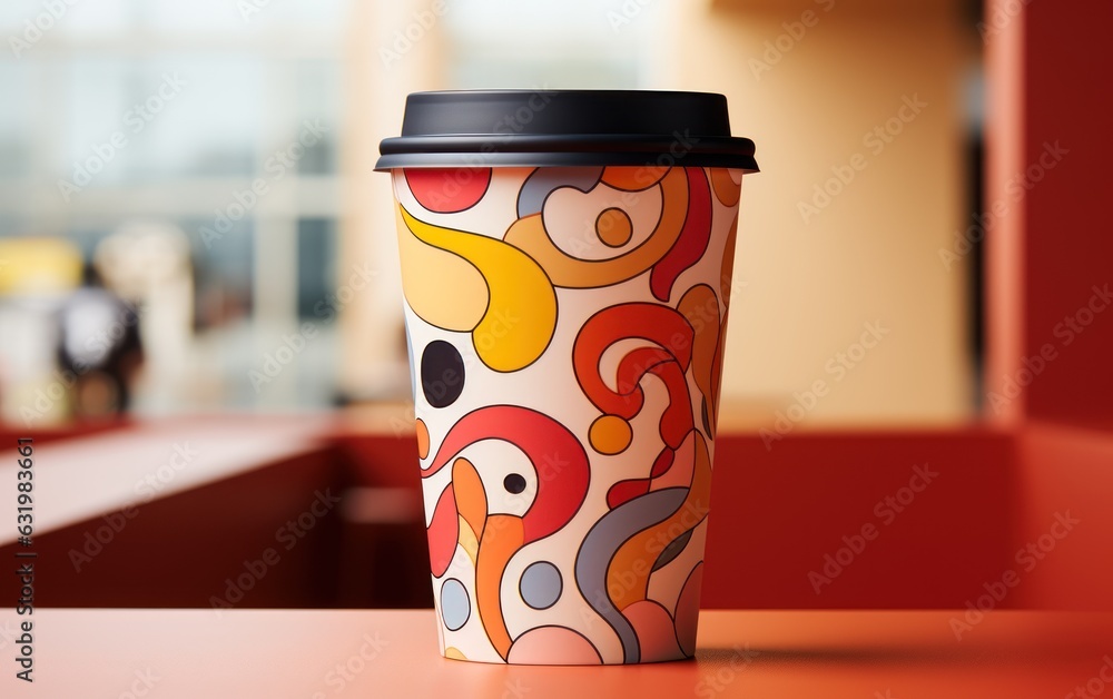 abstract coffee cup design on neutral pastel background, modern coffee shop cup design.