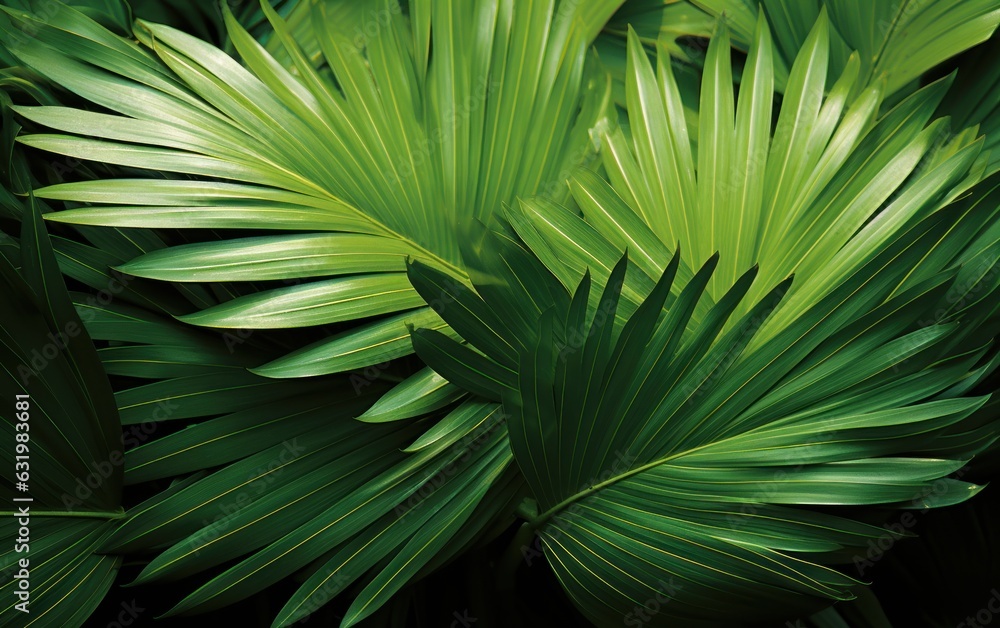 Abstract tropical green palm leaves pattern, lush foliage of fan palm fronds layer.