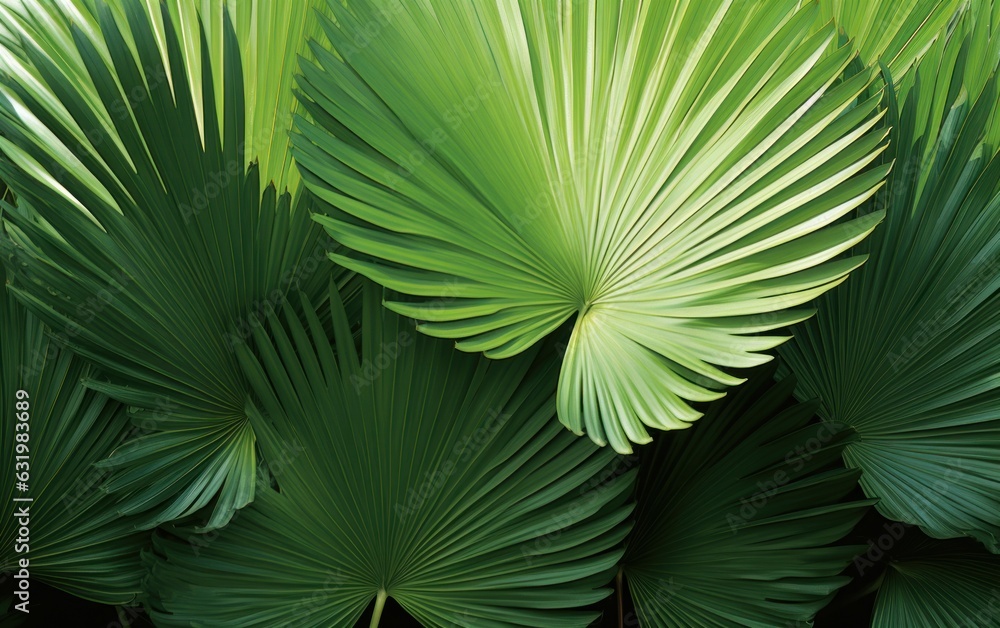 Abstract tropical green palm leaves pattern, lush foliage of fan palm fronds layer.