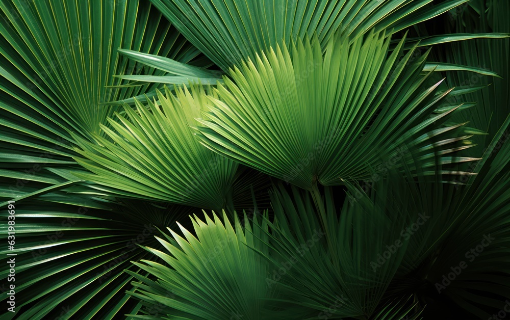 Abstract tropical green palm leaves pattern, lush foliage of fan palm fronds layer.