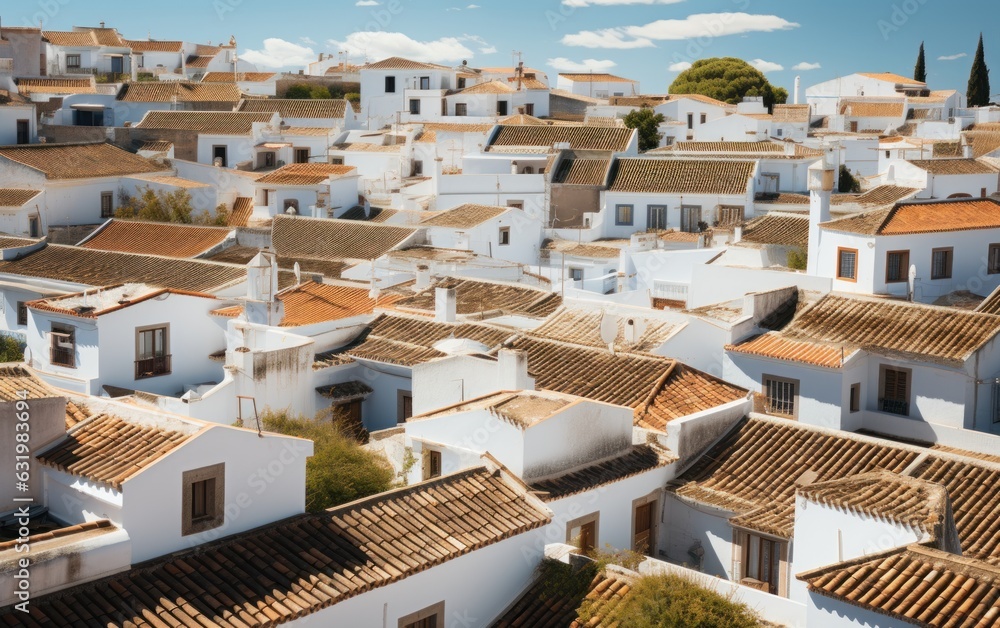 Aerial panoramic view of rooftops of white houses.