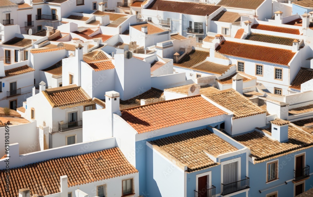 Aerial panoramic view of rooftops of white houses.