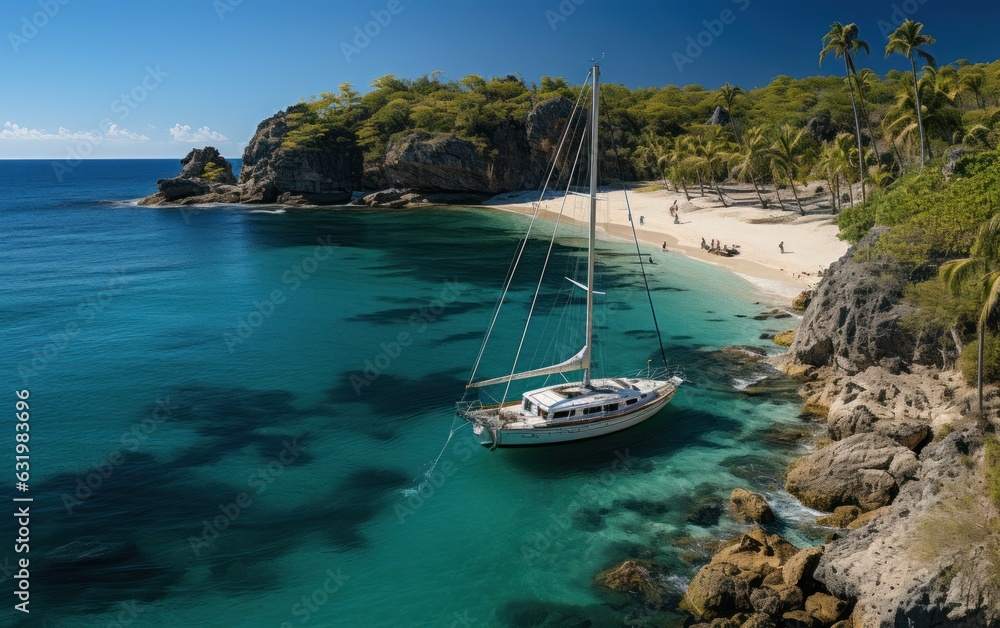 Aerial view of a luxury Sailboats in clear tropical blue water