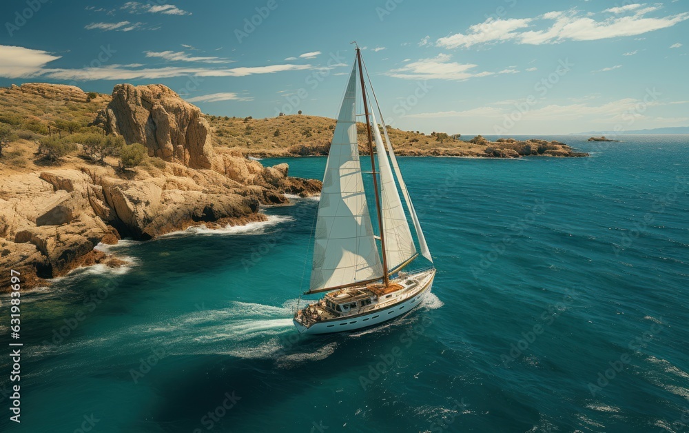 Aerial view of a luxury Sailboats in clear tropical blue water