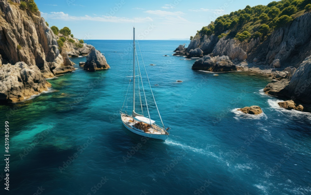 Aerial view of a luxury Sailboats in clear tropical blue water