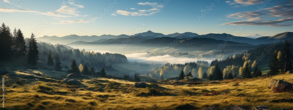 Beautiful panorama background of grasses on a field in the Black Forest illuminated by the morning s