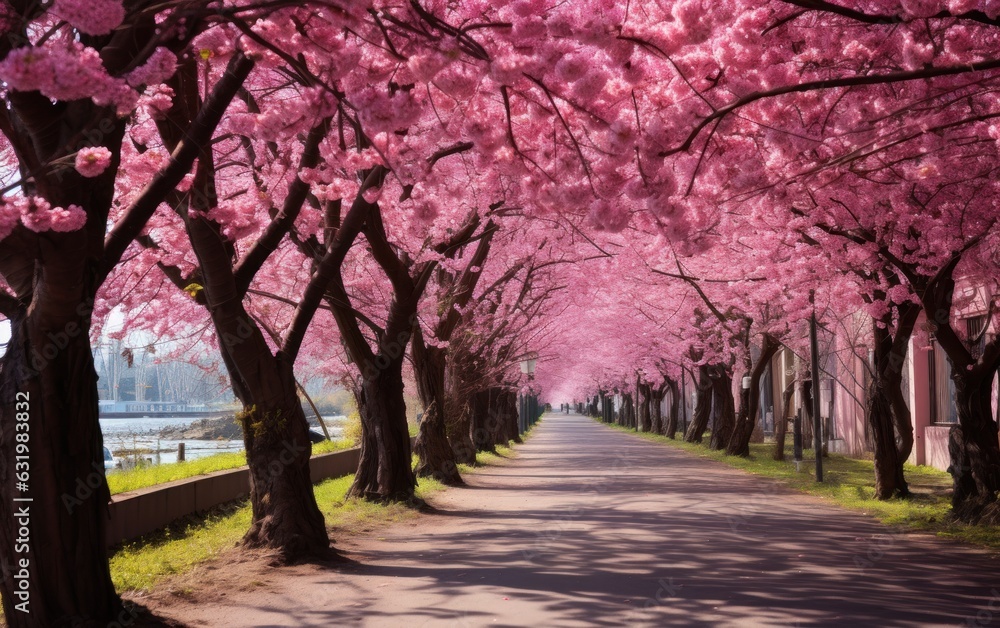 beautiful pink flowering cherry tree avenue in Holzweg, Magdeburg