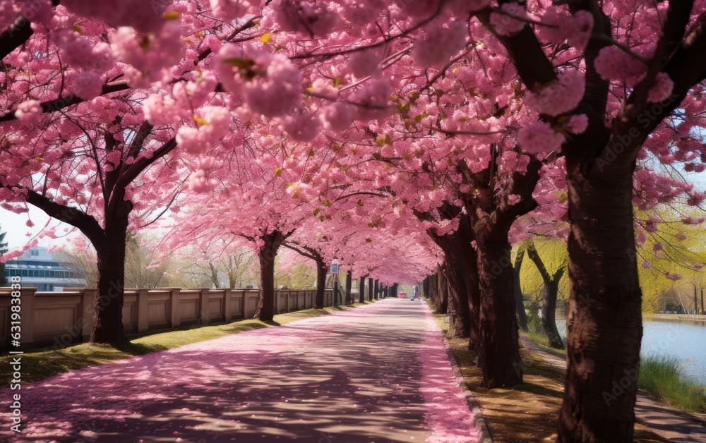 beautiful pink flowering cherry tree avenue in Holzweg, Magdeburg