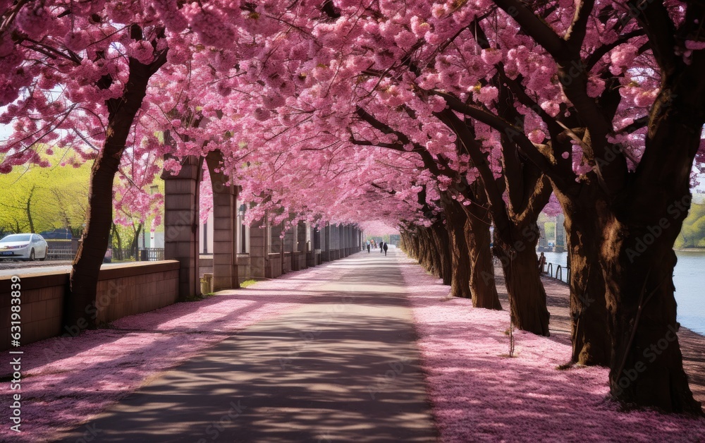 beautiful pink flowering cherry tree avenue in Holzweg, Magdeburg