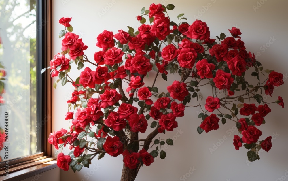 Beautiful red climbing rambler rose growing up or blooming rose. White Background