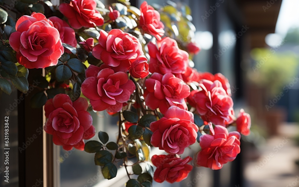 Beautiful red climbing rambler rose growing up or blooming rose. White Background