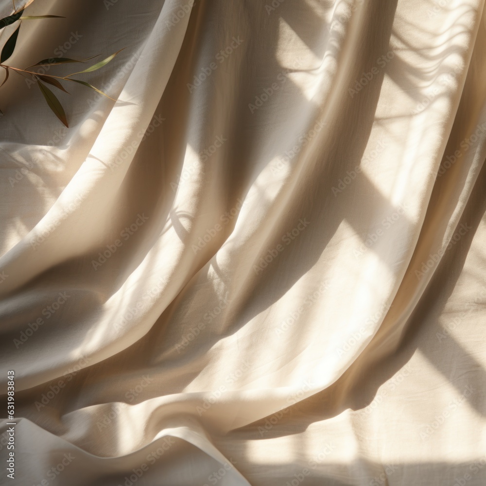 Beige linen fabric texture with folds and natural floral sunlight shadows