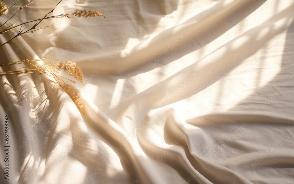 Beige linen fabric texture with folds and natural floral sunlight shadows