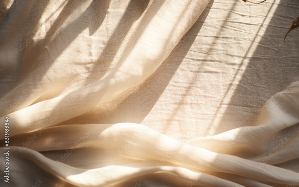 Beige linen fabric texture with folds and natural floral sunlight shadows