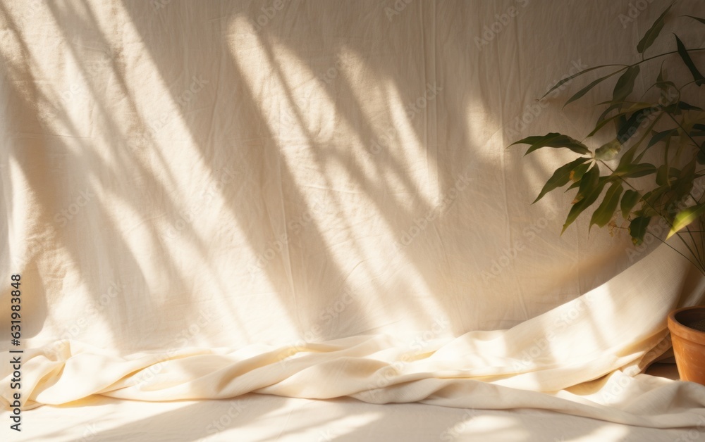 Beige linen fabric texture with folds and natural floral sunlight shadows