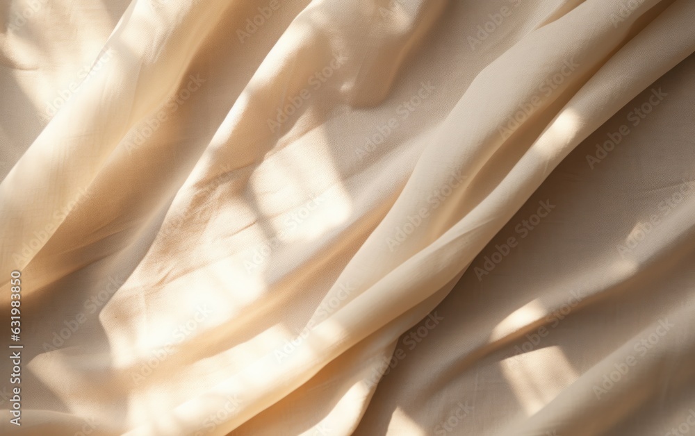 Beige linen fabric texture with folds and natural floral sunlight shadows