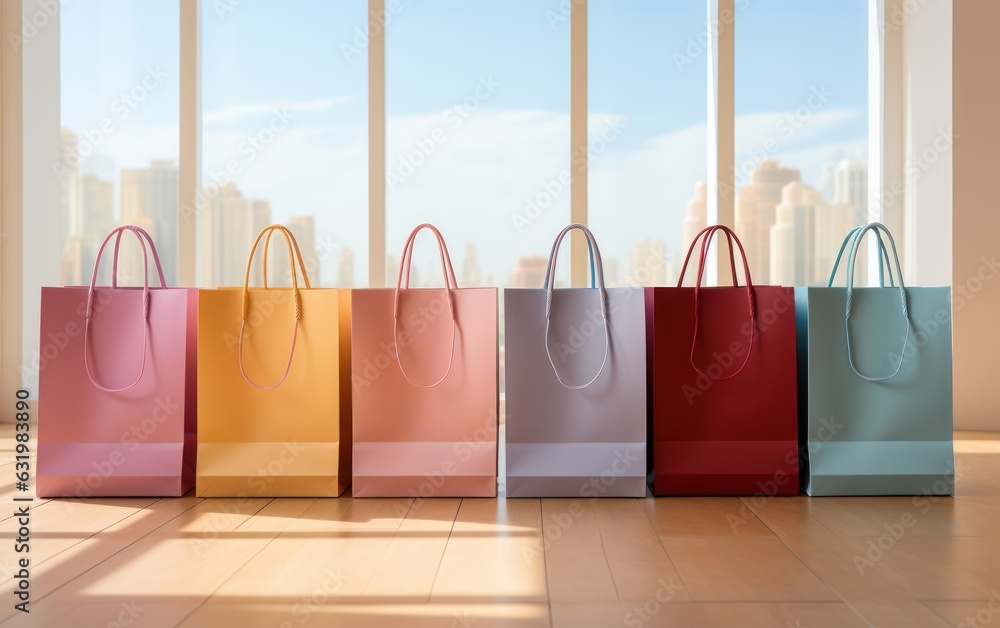 Blank Shopping concept featuring shopping bags in soft, dusted pastel colors