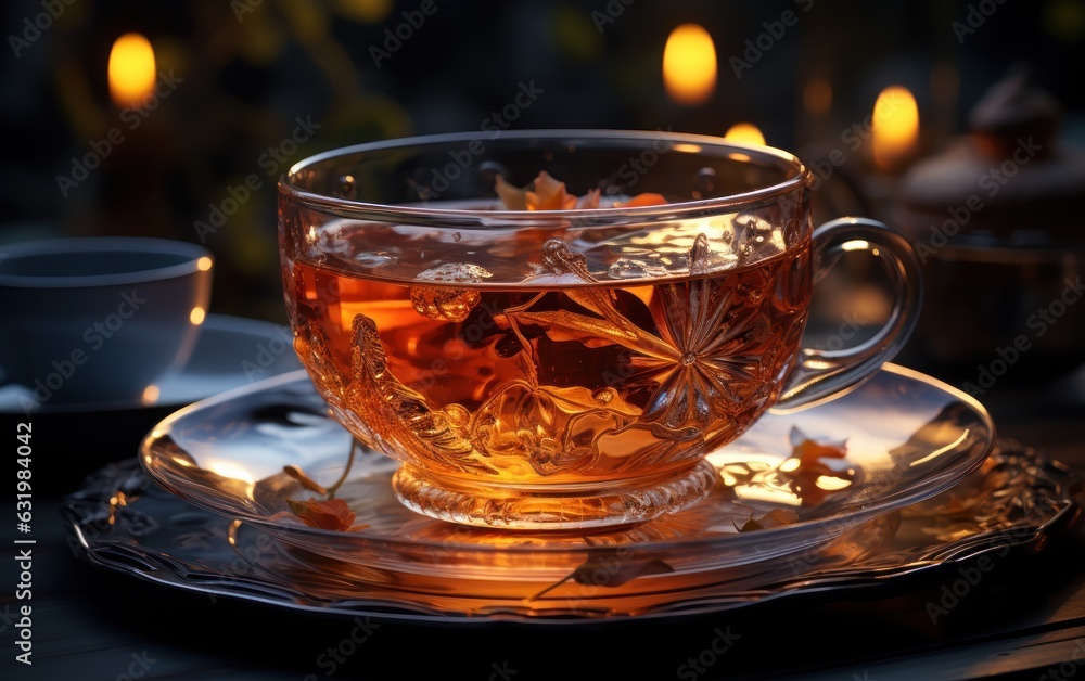 Cup of tea or glass cup of hot aromatic tea