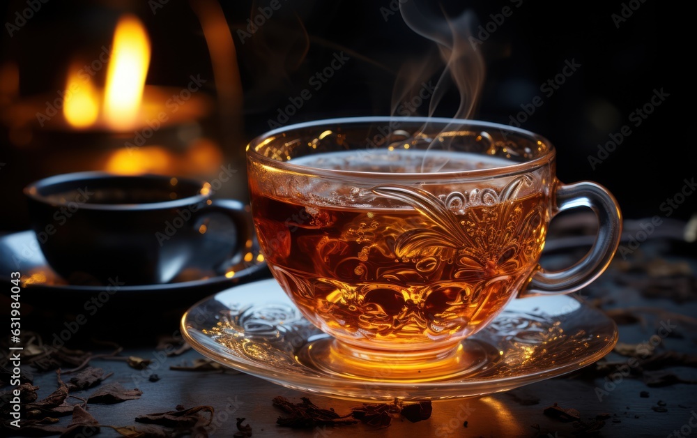 Cup of tea or glass cup of hot aromatic tea