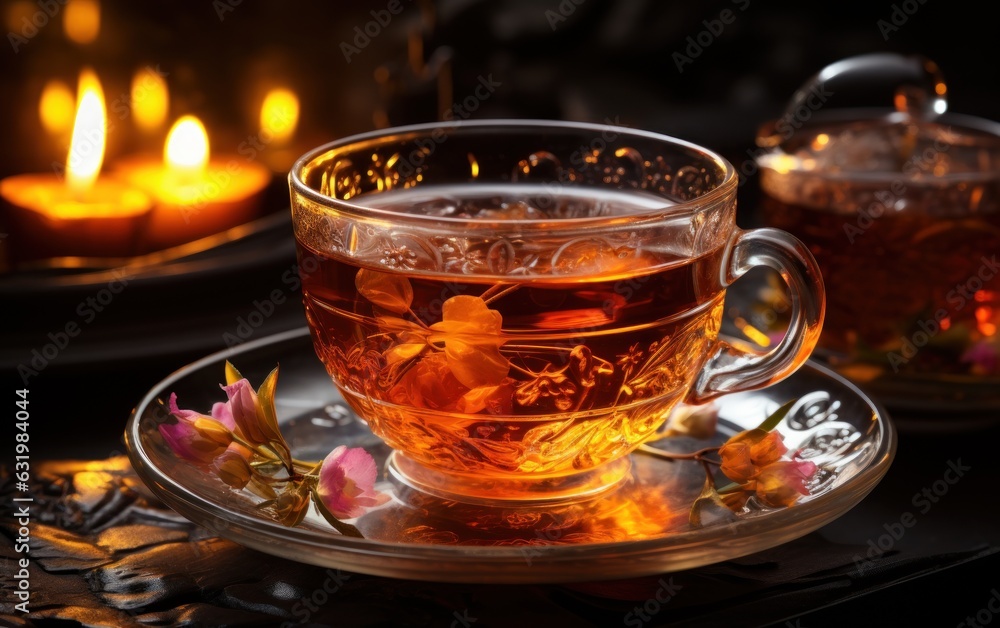 Cup of tea or glass cup of hot aromatic tea