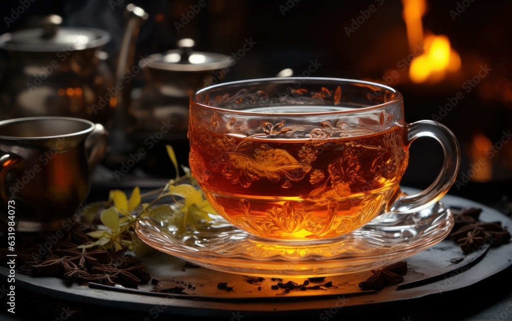 Cup of tea or glass cup of hot aromatic tea