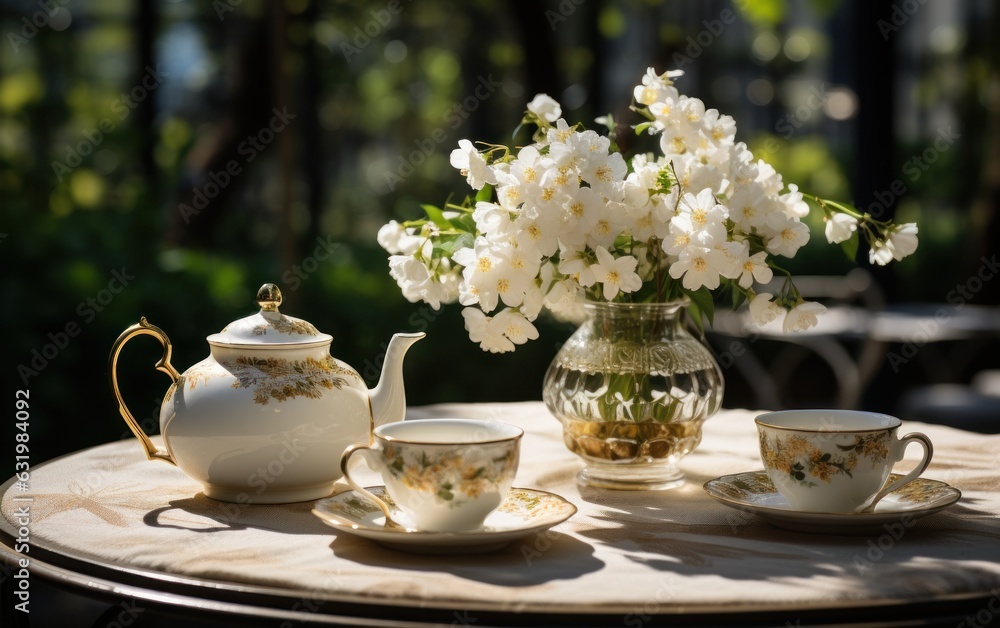 Elegant glamour table setting outdoor in the garden. White porcelain cups, teapot with herbal tea