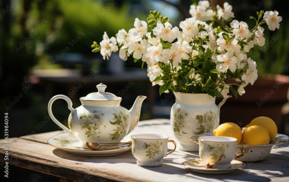 Elegant glamour table setting outdoor in the garden. White porcelain cups, teapot with herbal tea