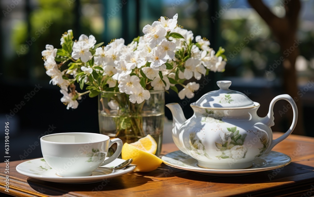 Elegant glamour table setting outdoor in the garden. White porcelain cups, teapot with herbal tea