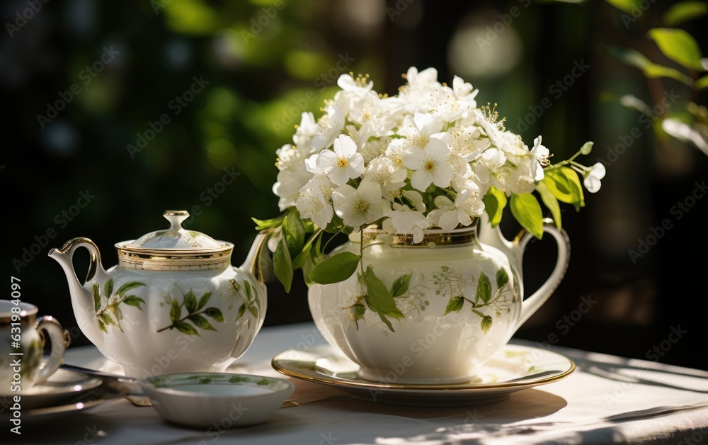 Elegant glamour table setting outdoor in the garden. White porcelain cups, teapot with herbal tea