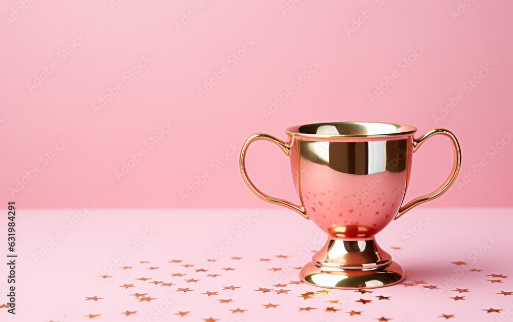 Gold cup with stars on pink background. Flat lay, top view, copy space.