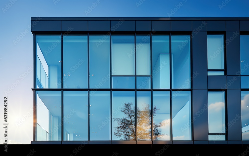 Graphite facade and large windows on a fragment of an office building against a blue sky