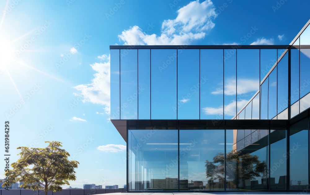 Graphite facade and large windows on a fragment of an office building against a blue sky