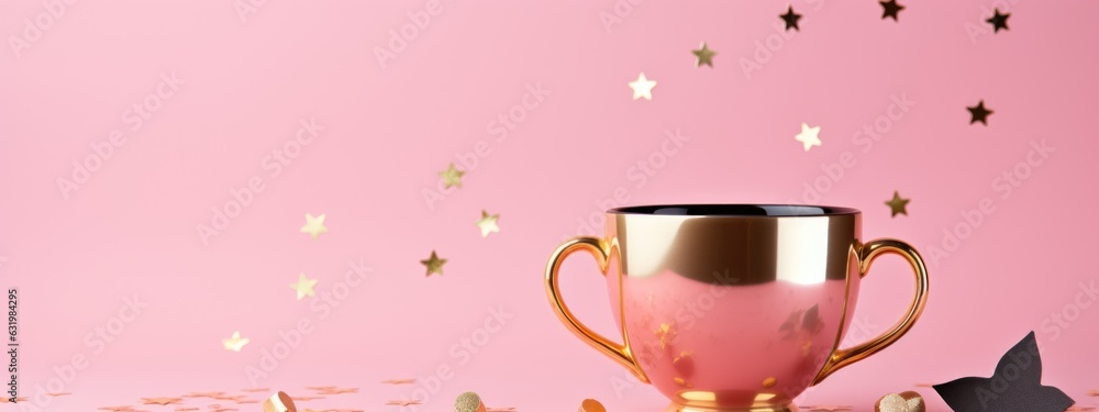 Gold cup with stars on pink background. Flat lay, top view, copy space.