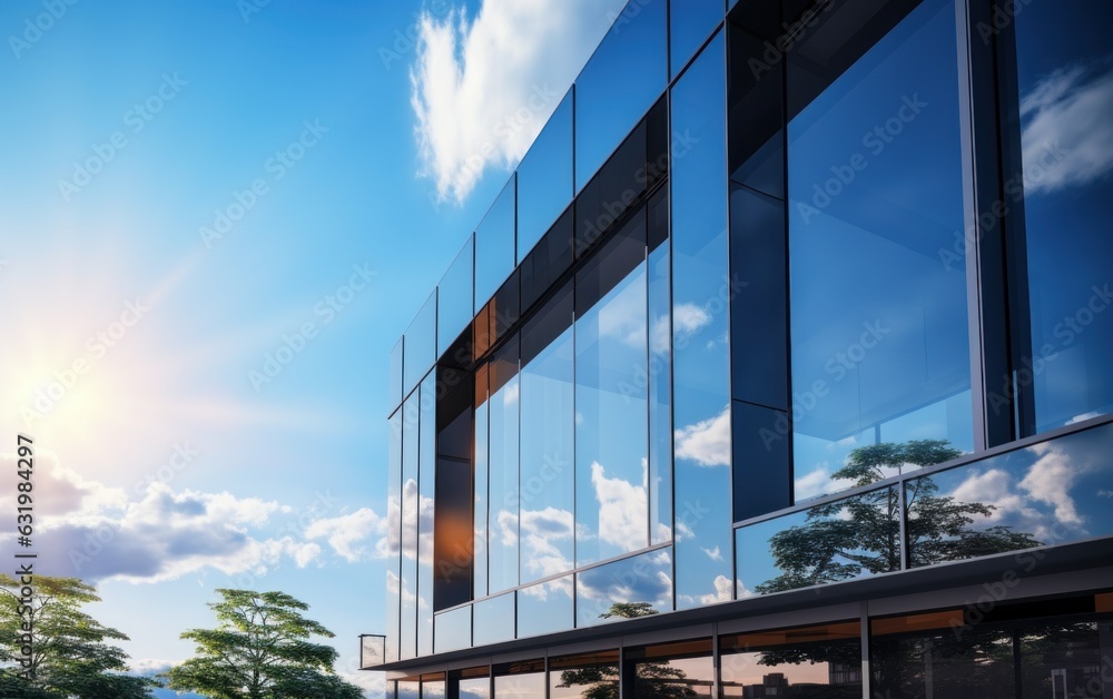 Graphite facade and large windows on a fragment of an office building against a blue sky