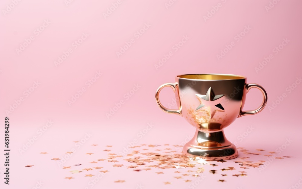 Gold cup with stars on pink background. Flat lay, top view, copy space.