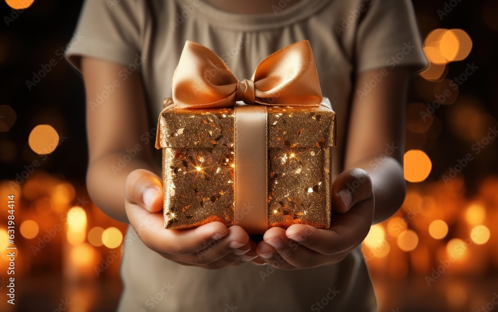 Hands of child holding Christmas gift box close up. Small present with red ribbon on background