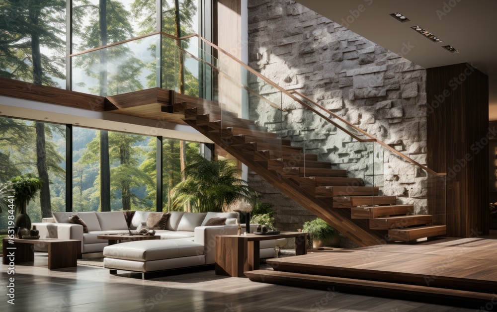 Interior design of modern entrance hall with staircase in villa.