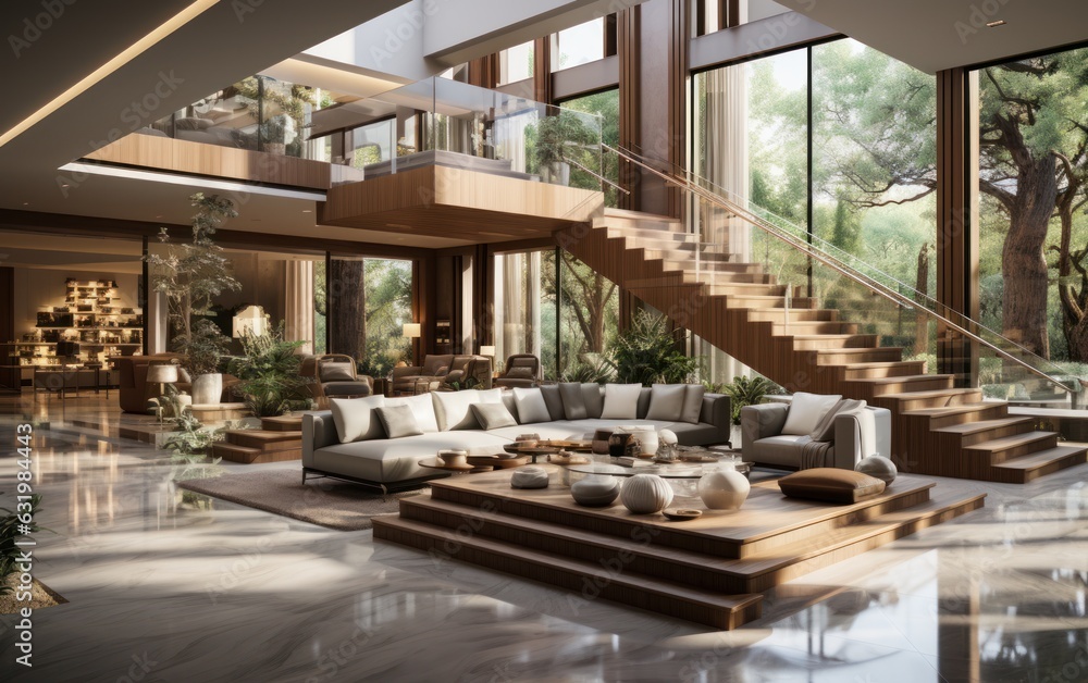 Interior design of modern entrance hall with staircase in villa.