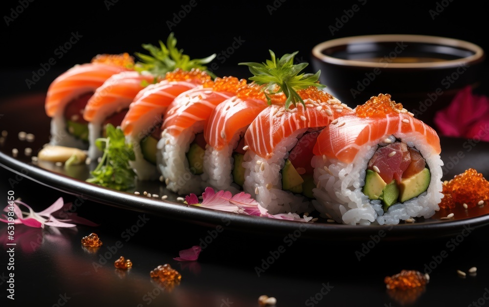 japanese sushi salmon uramaki sushi roll, with seeds ontop on pink background, food studio photograp