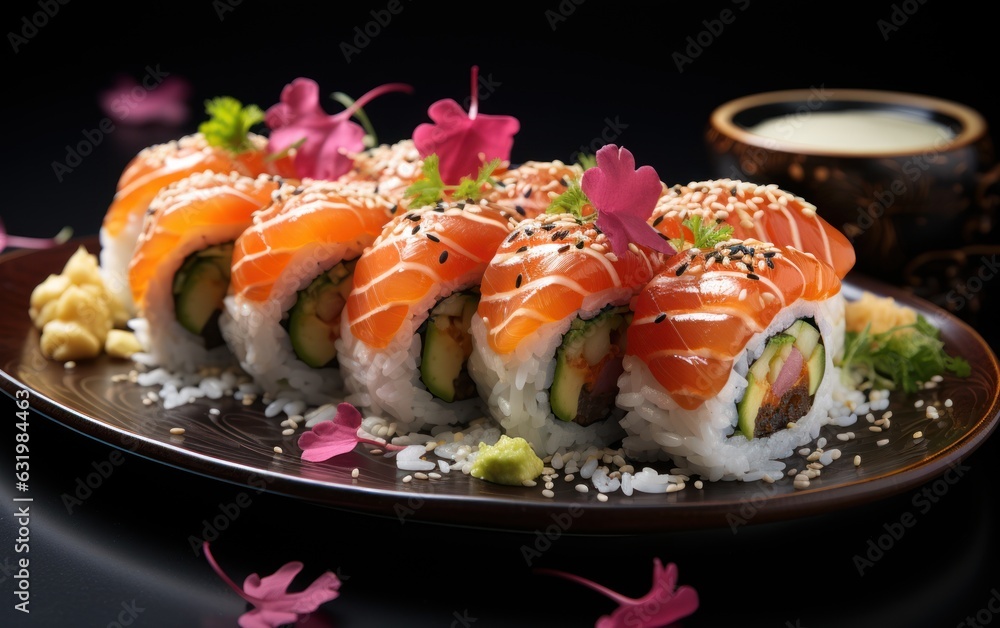 japanese sushi salmon uramaki sushi roll, with seeds ontop on pink background, food studio photograp