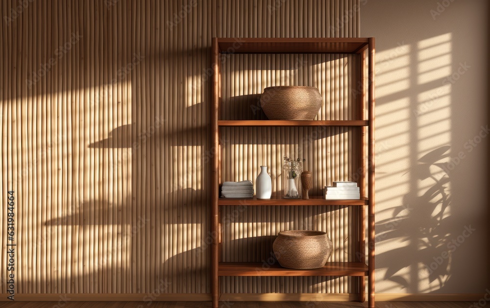 Natural brown bamboo wood wardrobe, shelf in sunlight, shadow on blank beige fabric texture.