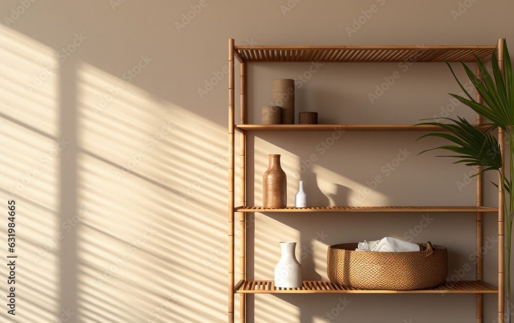 Natural brown bamboo wood wardrobe, shelf in sunlight, shadow on blank beige fabric texture.