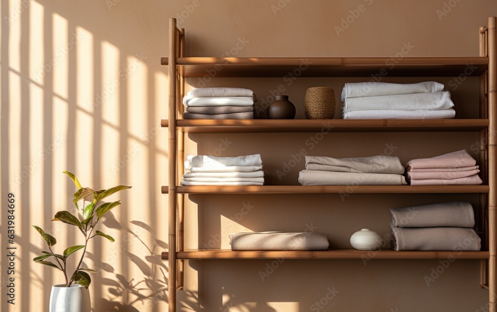 Natural brown bamboo wood wardrobe, shelf in sunlight, shadow on blank beige fabric texture.