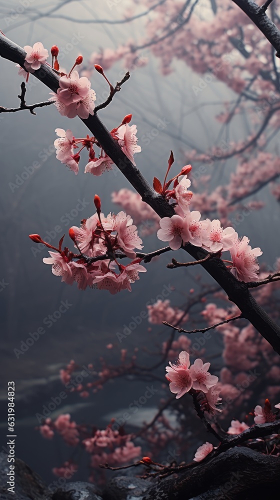 sakura branches on the background of foggy hills.