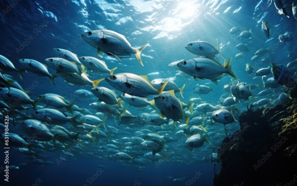 School of fish swimming under water of sea.