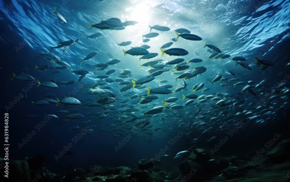 School of fish swimming under water of sea.