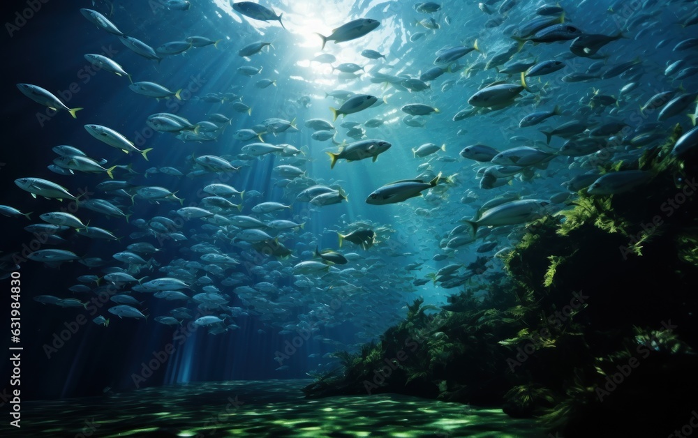 School of fish swimming under water of sea.