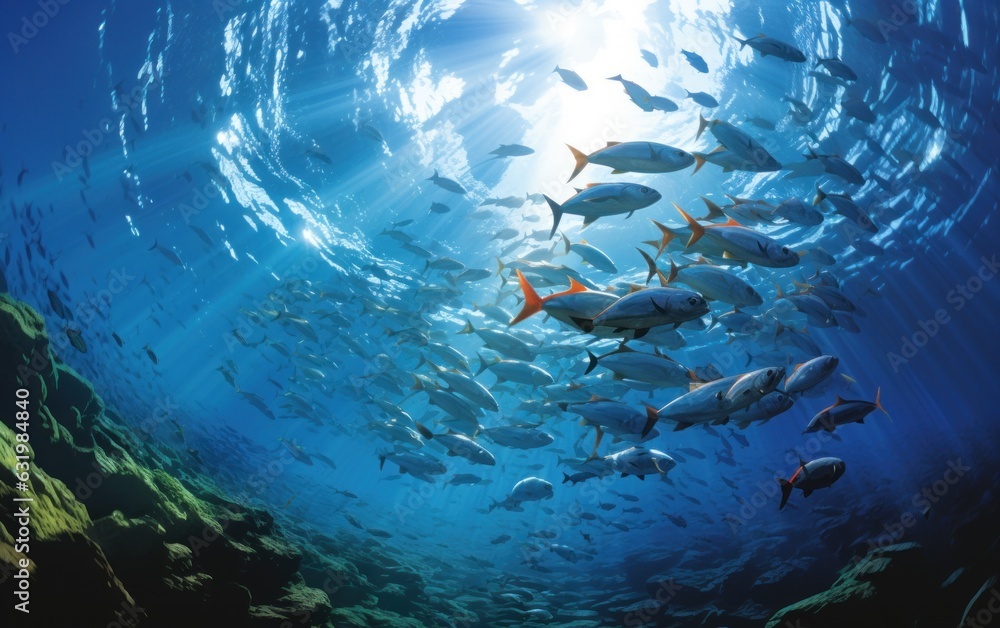 School of fish swimming under water of sea.